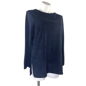 Chico's Faux Suede Leather Navy Blue Tunic Top Long Sleeve Button Cuff Sz3 US XL